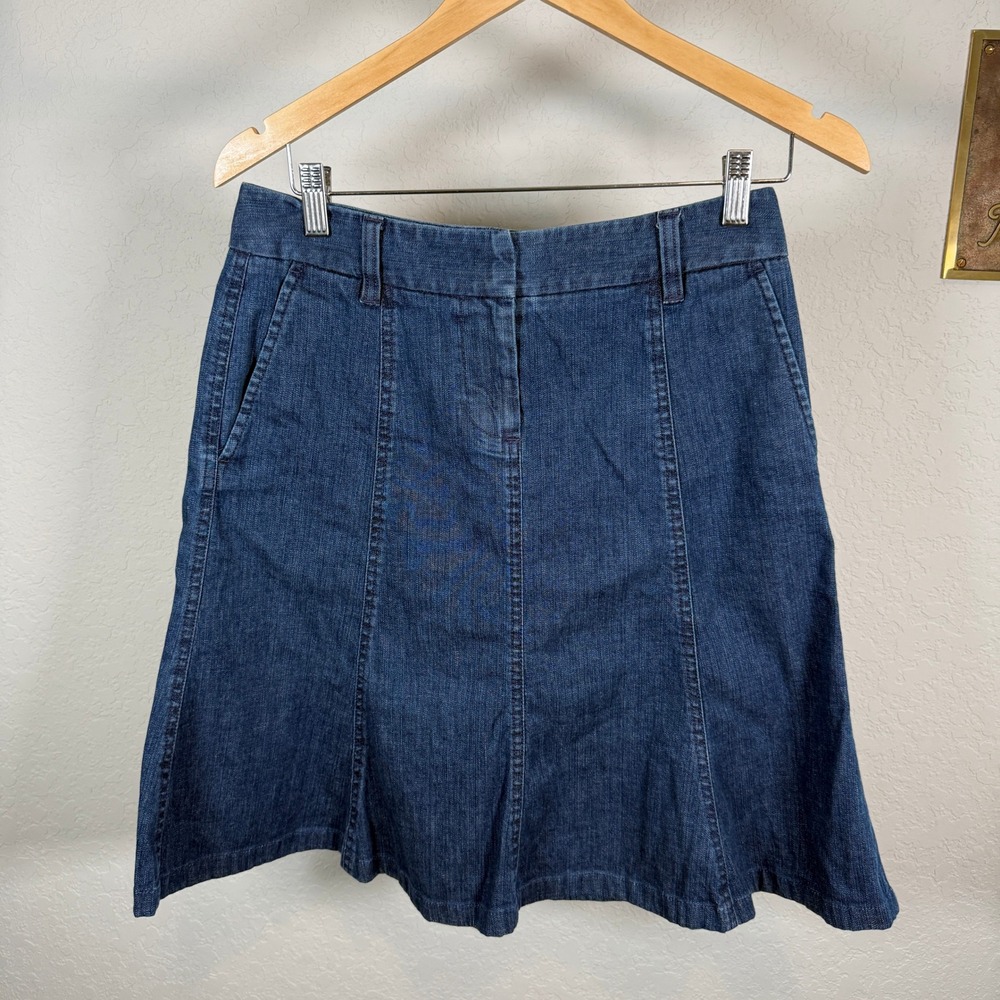 LL Bean Womens 4 Pet Dark Wash Denim A Line Skirt Paneled Stretch 0GMF6‎